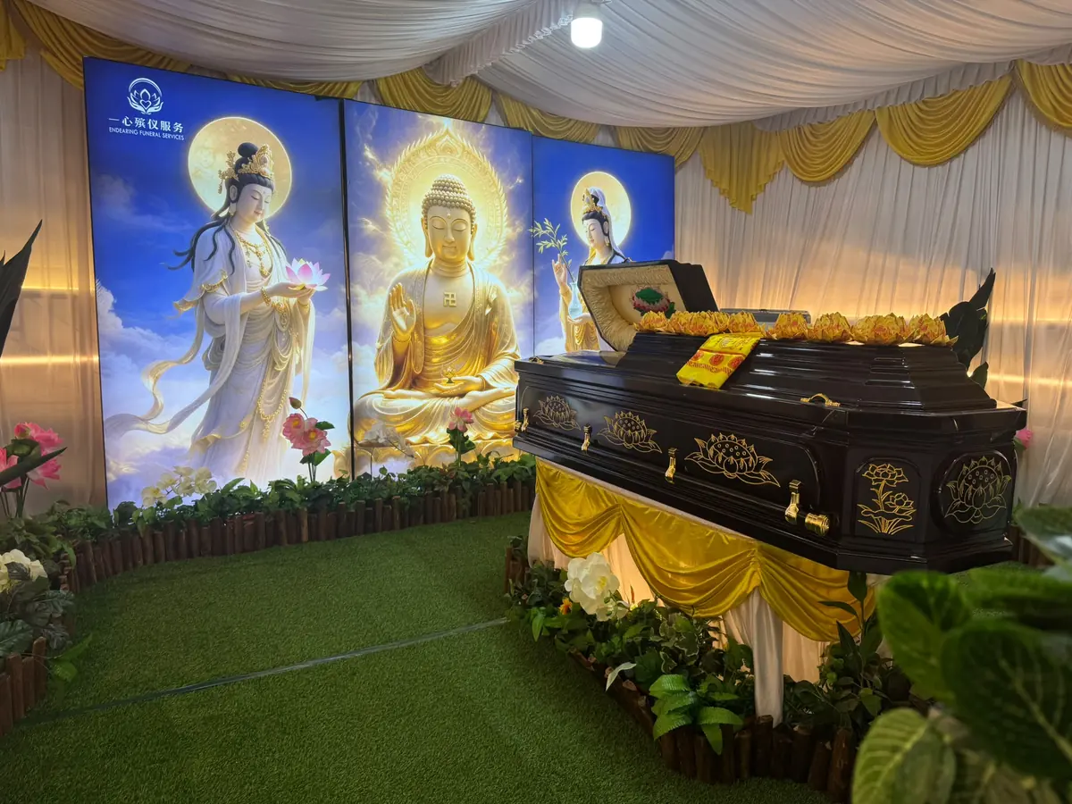 Buddhist funeral wake setup and ceremonial area