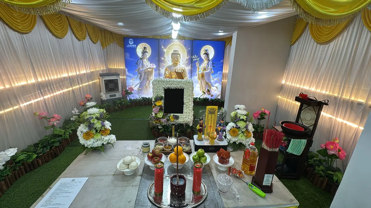 Buddhist funeral offerings arranged at the altar