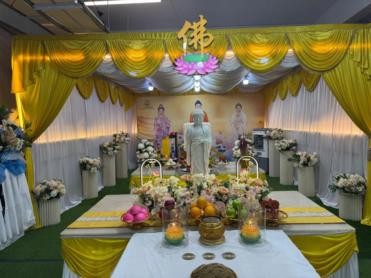 Front view of a complete Buddhist funeral service setup