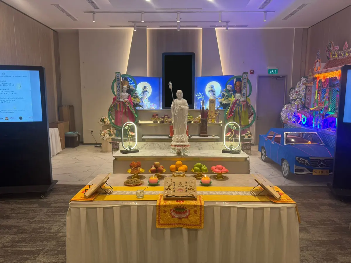 Buddhist funeral arrangement inside a funeral parlour